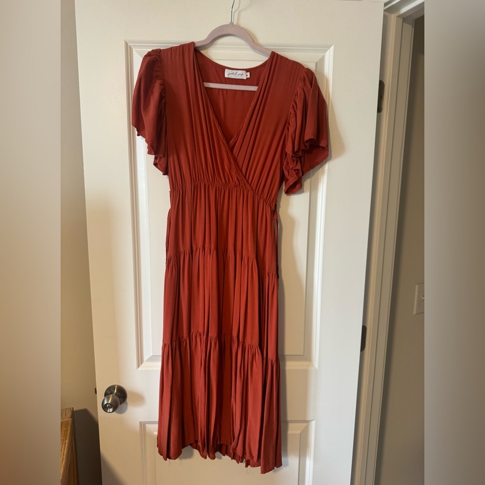 Petal & Pup Rust Red Tiered Maxi Dress with V-Neck